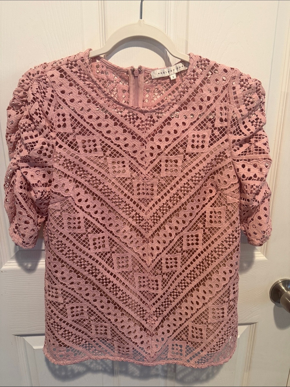 Endless Rose Dusty Pink Crochet Lace Puff Sleeve Blouse